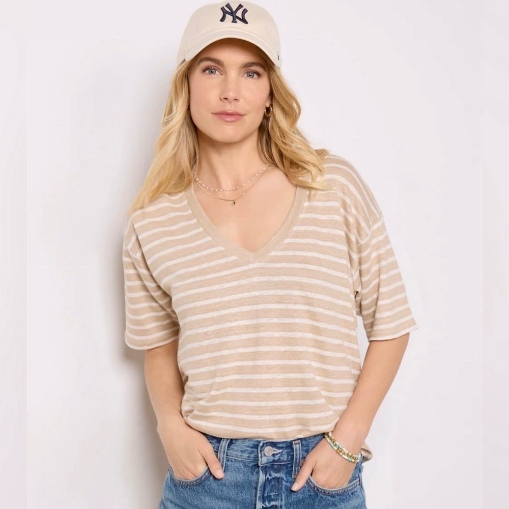 Faherty Oceanside Linen Relaxed V Neck Tee In‎ Hamptonstripe Size XS Tan White